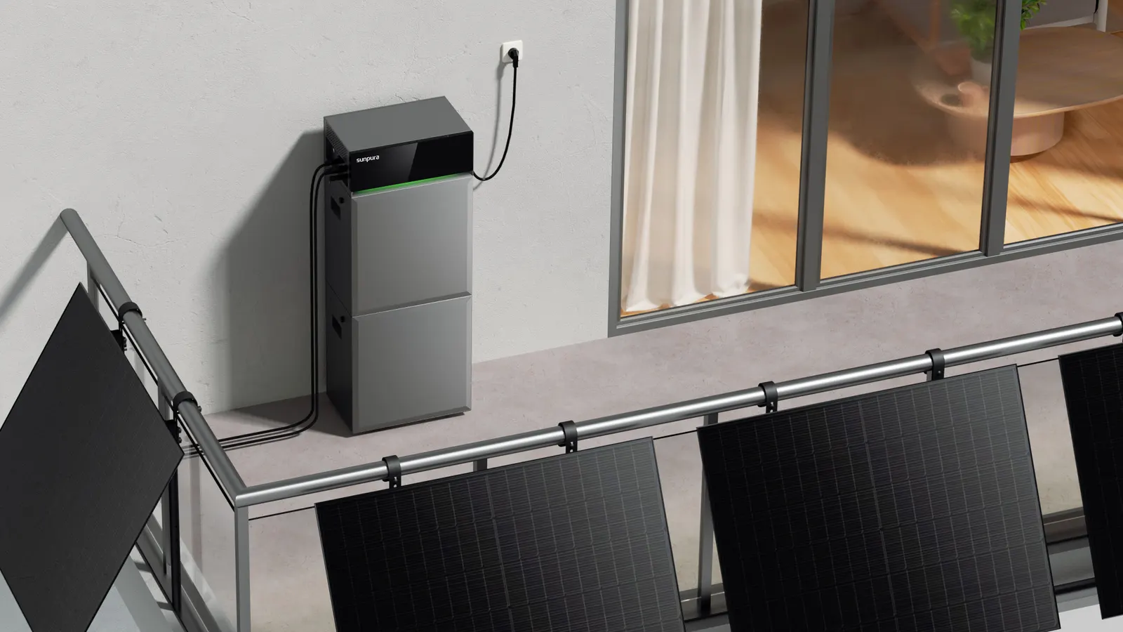 Sunpura S4800 auf einem Wohnungsbalkon neben Balkon-PV-Modulen