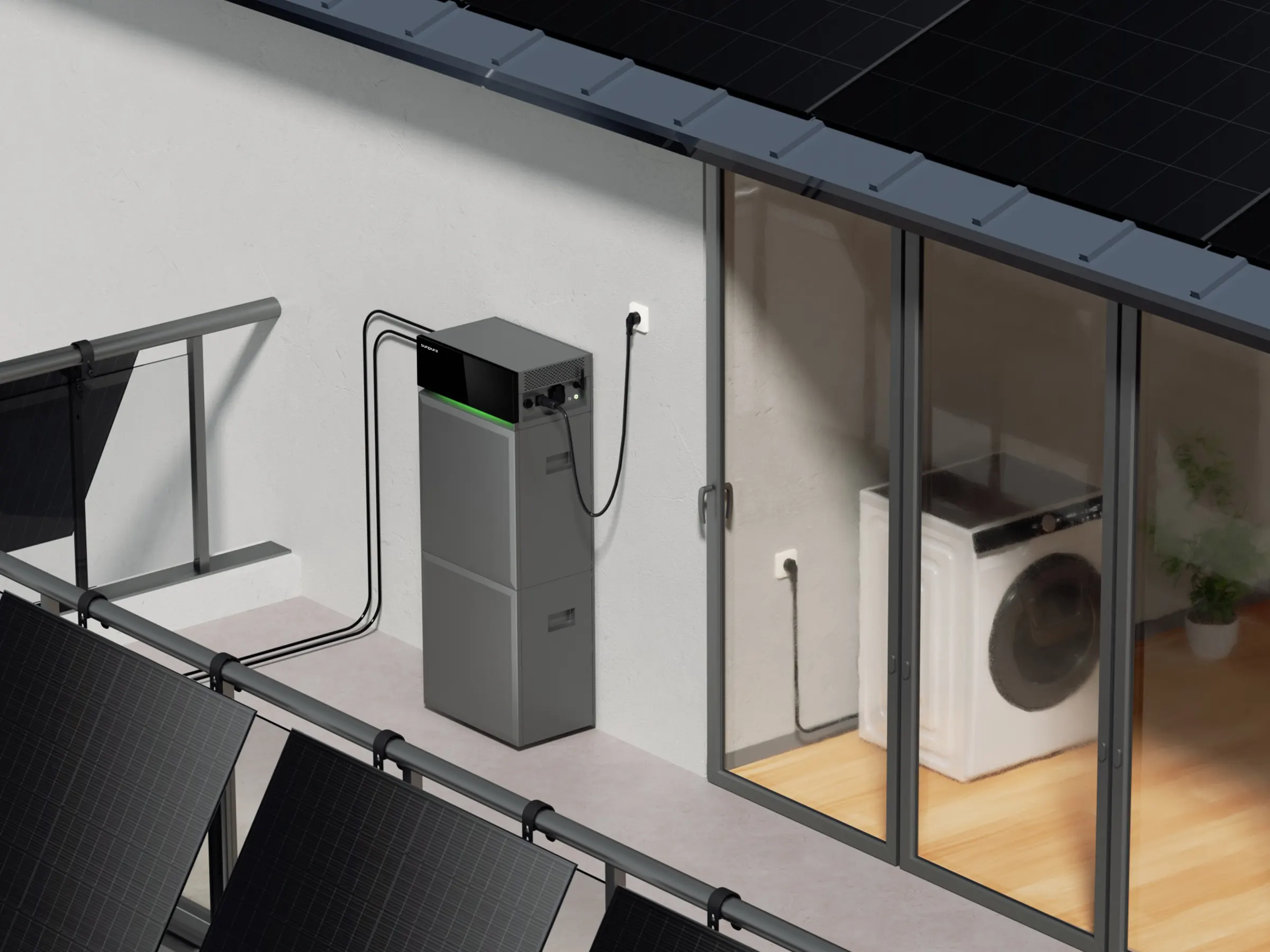Sunpura-Speicher auf einem Wohnungsbalkon mit Balkon-PV