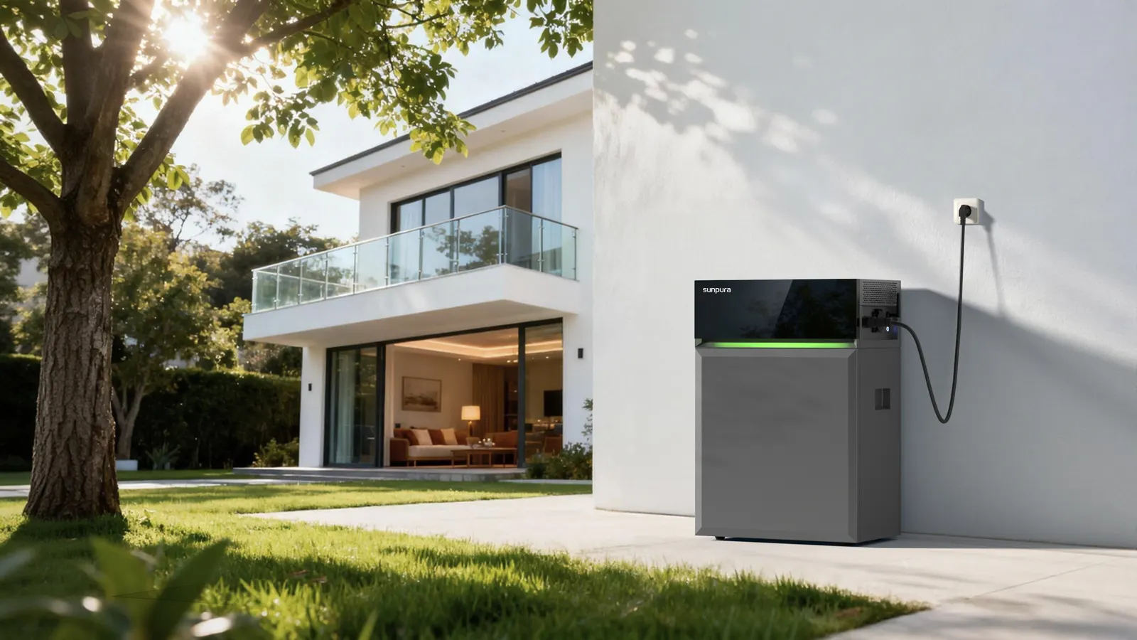 Sunpura S4800 an einer Hauswand, angeschlossen an eine Außensteckdose
